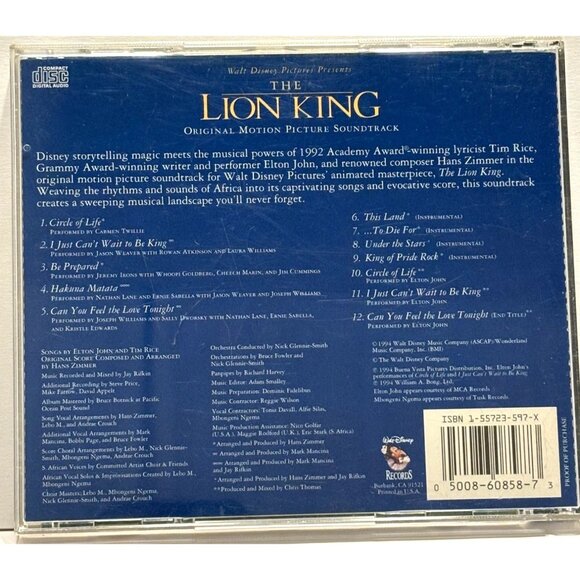 Disney The Lion King Original Motion Picture Soundtrack CD 1994 - Picture 2 of 4